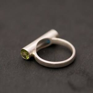 Pu&ograve; includere: Un anello d'argento con una pietra preziosa verde incastonata in una fascia cilindrica.