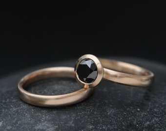 Black Diamond 18K Rose Gold Wedding Set, Black Diamond Engagement Ring Gift For Her