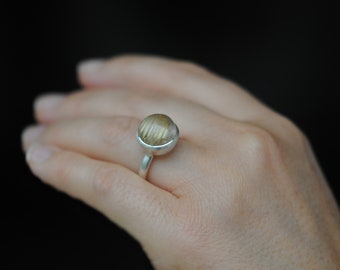 Rutilated Quartz Cabochon Ring in Silver, Silver Cab Statement Ring