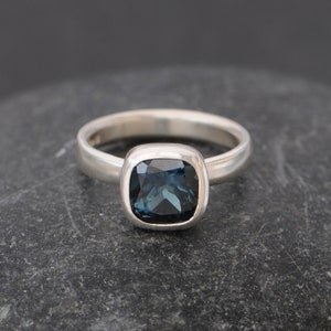 Deep Blue Topaz Ring Cushion Cut in Silver Square Blue Topaz Ring image 3