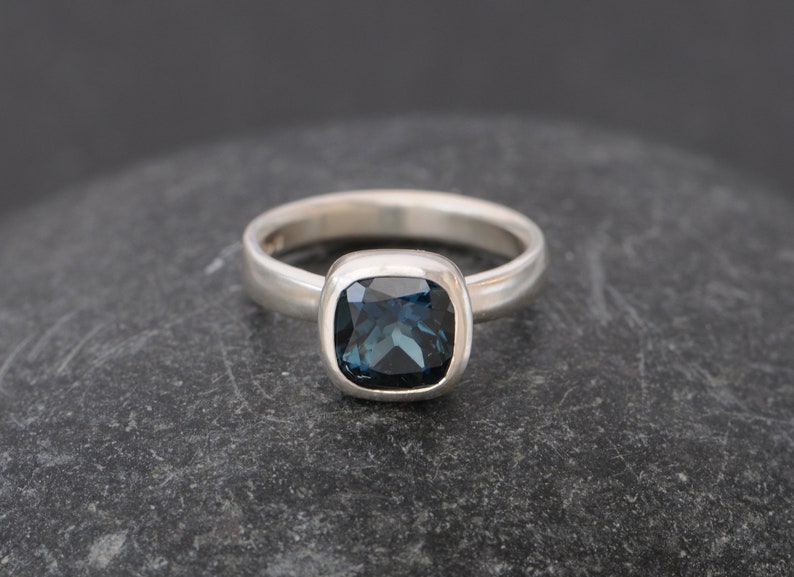 Deep Blue Topaz Ring Cushion Cut in Silver Square Blue Topaz Ring image 3