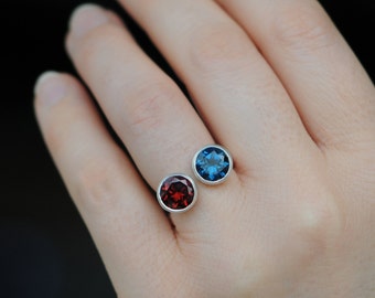 Owl Ring in Silver, Garnet and Blue Topaz Ring, Gift For Her