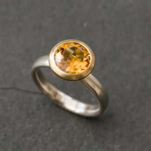 Citrine Halo Ring in 18K Gold and Silver, Yellow Gemstone Engagement Ring, Gift For Her image 2