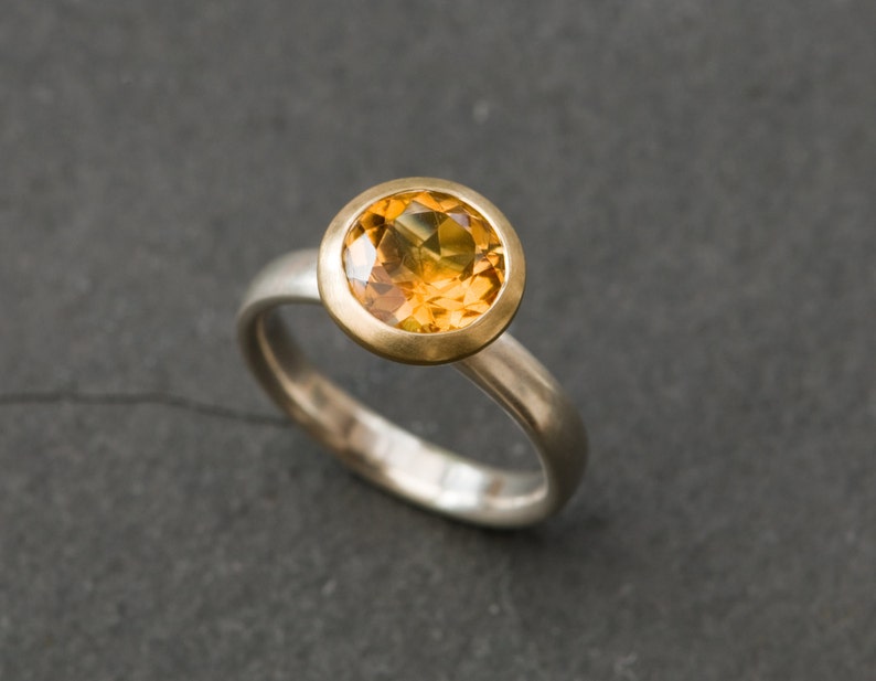 Citrine Halo Ring in 18K Gold and Silver, Yellow Gemstone Engagement Ring, Gift For Her image 2