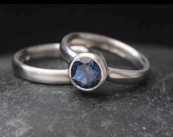 Ethical Engagement Ring, Montana Sapphire Wedding Set in Platinum, Gift For Her