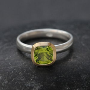 Peridot Cushion Cut Ring in 18K Gold, Christmas Gift For Her, Green Gem Ring