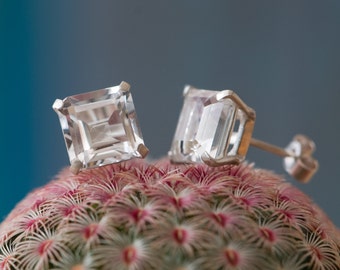 Square White Topaz Stud Earrings - Emerald Cut White Topaz Earrings set in Sterling Silver