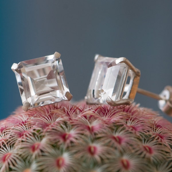 Square White Topaz Stud Earrings, Emerald Cut White Topaz Earrings in Silver