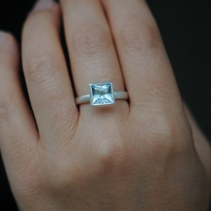Princess Cut Aquamarine Engagement Ring in Silver - Square Aquamarine Halo Ring