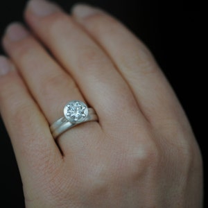 Forever One Moissanite Engagement Ring and Wedding Band in Sterling Silver Contemporary Engagement Ring image 2