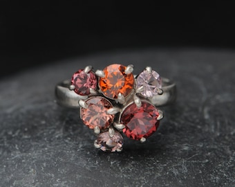 Malayan Garnet Cluster Ring in 18K White Gold, Pink Gemstone Engagement Ring