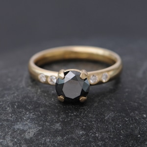 Black Diamond Engagement Ring in 18K Gold - Solitaire Diamond Engagement Ring with Four White Diamonds