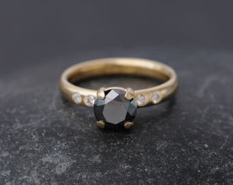 Black Diamond Engagement Ring in 18K Gold - Solitaire Diamond Engagement Ring with Four White Diamonds