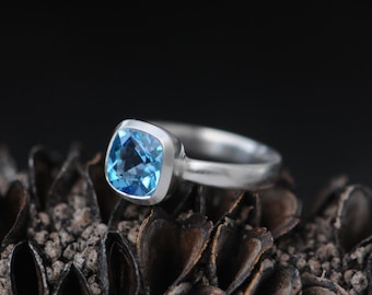 Swiss Blue Topaz Cushion Cut Ring set in Recycled Sterling Silver, Gift For Her