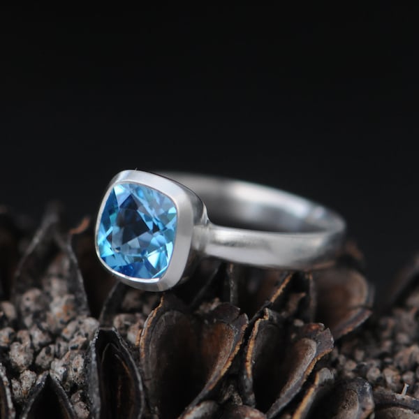 Swiss Blue Topaz Cushion Cut Ring set in Recycled Sterling Silver, Gift For Her