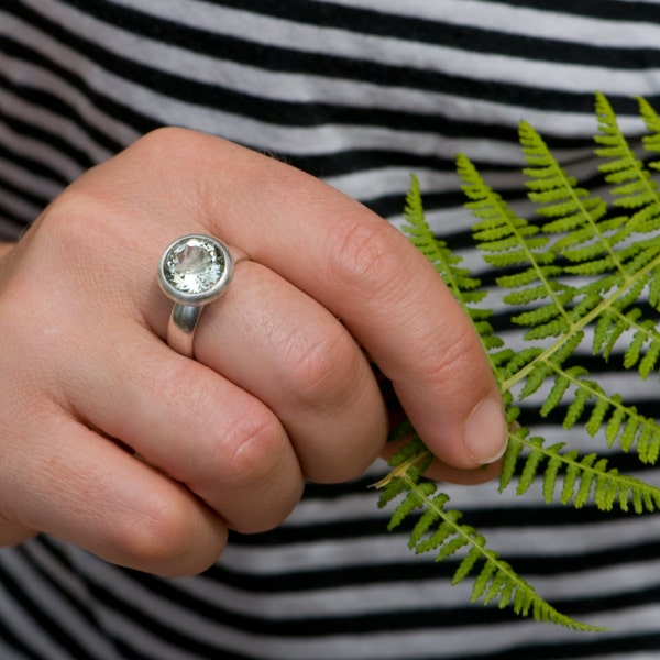 Big Green Amethyst Ring, Large Halo Ring in Sterling Silver