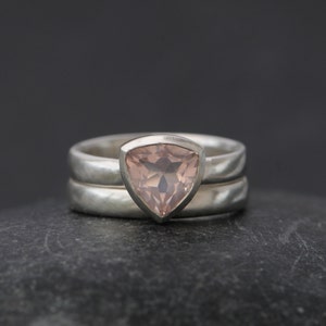 Pink Gemstone Engagement Ring, Rose Quartz Trillion Ring, Gift For Her image 3