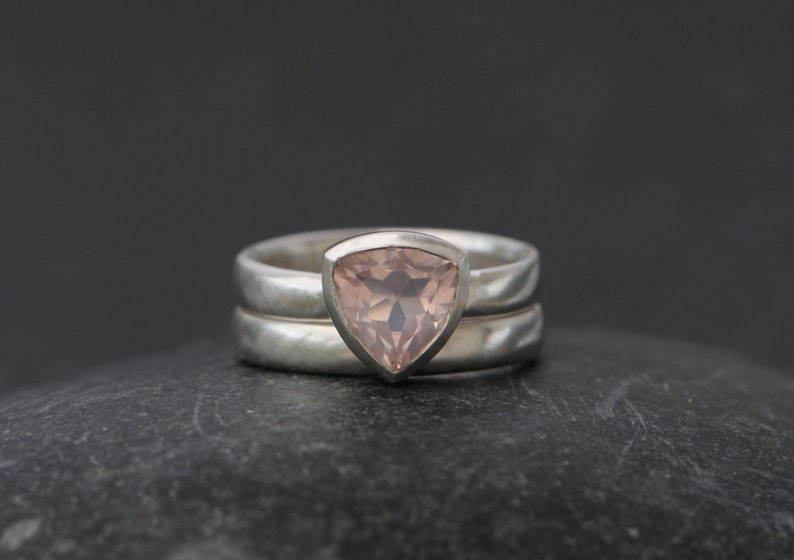 Pink Gemstone Engagement Ring, Rose Quartz Trillion Ring, Gift For Her image 3