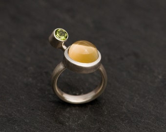 Sun and Earth Ring, Citrine Cabochon Ring with Peridot in Silver