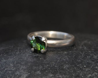 Green Tourmaline Ring in Silver, 7mm Round Green Gem Ring, Gift For Her