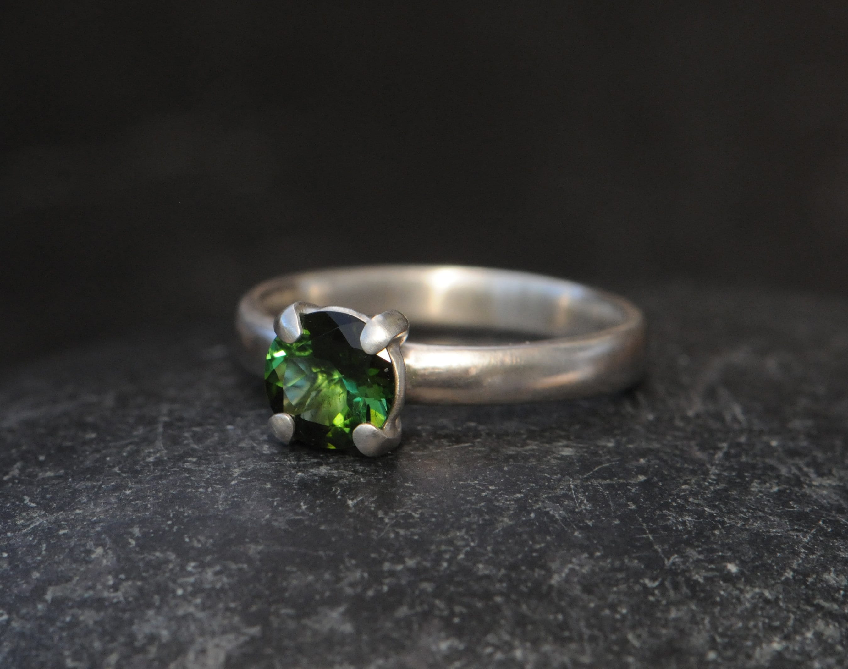 Green Tourmaline Ring in Silver, 7mm Round Green Gem Ring, Gift For Her