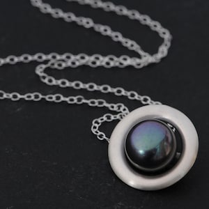 Black Pearl Necklace in Silver, Gift For Her, Tahitian Black Pearl Halo Pendant image 1