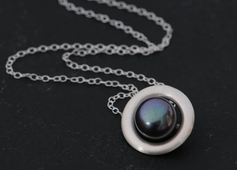 Black Pearl Necklace in Silver, Gift For Her, Tahitian Black Pearl Halo Pendant image 1