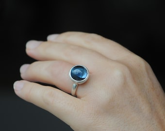 Blue Topaz Cabochon Ring in Silver, Large Blue Gem Cocktail Ring