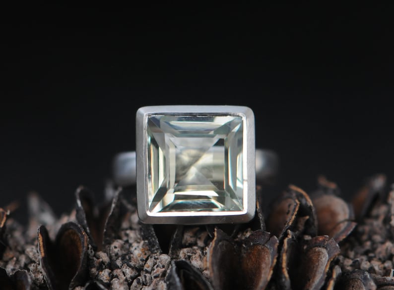 Green Amethyst Statement Ring Size 4.5, Princess Cut Green Gemstone Ring image 1