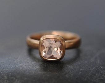Morganite Cushion Cut Ring in 18K Rose Gold, Pink Gem Engagement Ring, Gift For Her