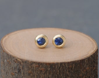 Blue Sapphire Stud Earrings 18k Gold, Christmas Gift For Her