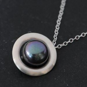 Black Pearl Necklace in Silver, Gift For Her, Tahitian Black Pearl Halo Pendant image 2