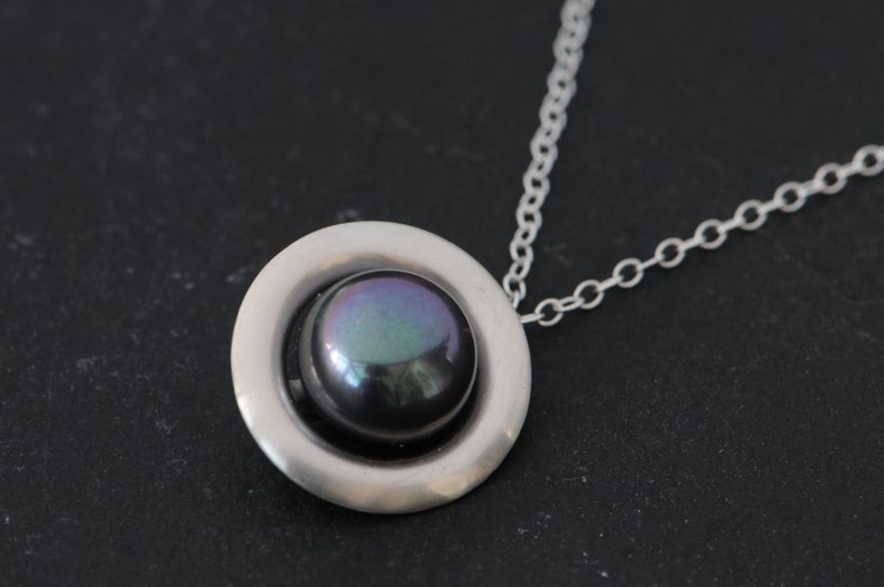 Black Pearl Necklace in Silver, Gift For Her, Tahitian Black Pearl Halo Pendant image 2