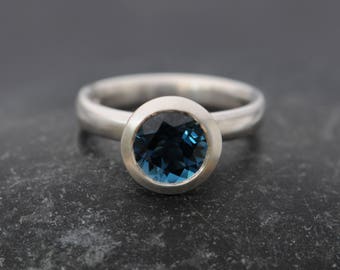 London Blue Topaz Halo Ring in Silver, Blue Gemstone Engagement Ring