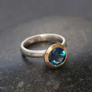 Blue Topaz Engagement Ring Halo Ring with 18K Gold bezel and Silver Band image 4