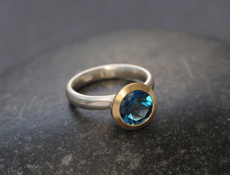 Blue Topaz Engagement Ring Halo Ring with 18K Gold bezel and Silver Band image 4