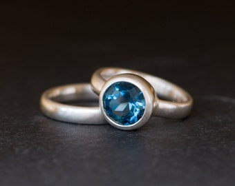 London Blue Topaz Wedding Set in Silver - Blue Gem Engagement Ring and Matching Wedding Band