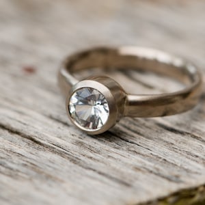 White Sapphire Engagement Ring in 18K White Gold, Hand Made Sapphire Solitaire Ring