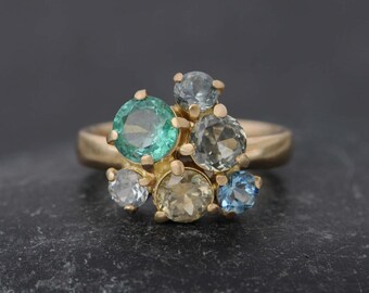 Emerald and Sapphire Cluster Ring in 18K Gold, Emerald and Sapphire Engagement Ring