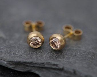 Champagne Diamond Stud Earrings in 18K Gold, Little Diamond Stud Earrings, Gift For Her