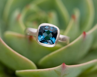 Deep Blue Topaz Ring Cushion Cut in Silver - Square Blue Topaz Ring