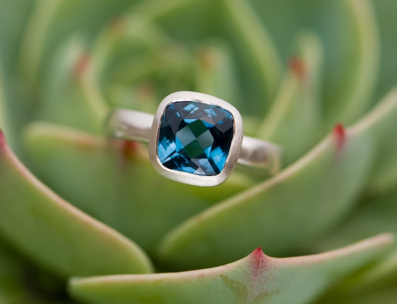 Deep Blue Topaz Ring Cushion Cut in Silver - Square Blue Topaz Ring 