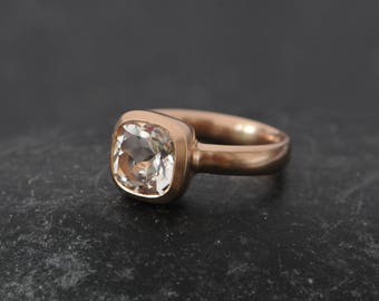 White Topaz Rose Gold Engagement Ring, Cushion Cut White Topaz Ring in 18K Gold