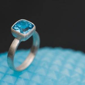 Deep Blue Topaz Ring Cushion Cut in Silver Square Blue Topaz Ring Swiss Blue Topaz