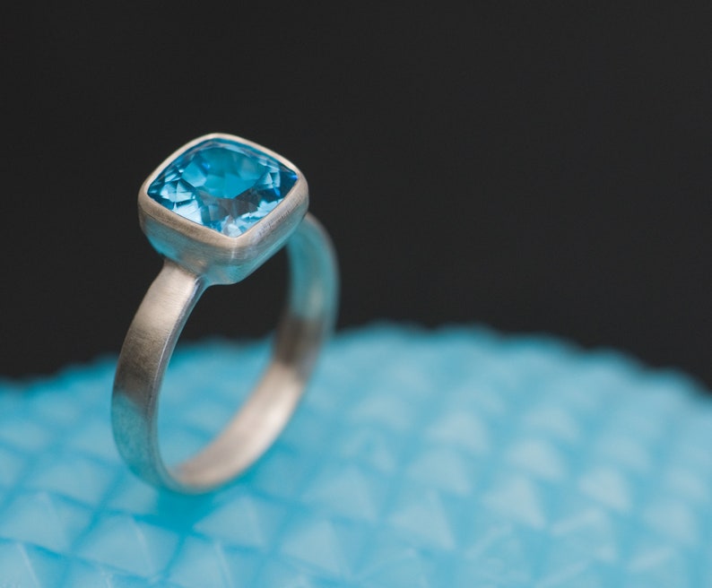 Deep Blue Topaz Ring Cushion Cut in Silver Square Blue Topaz Ring image 5