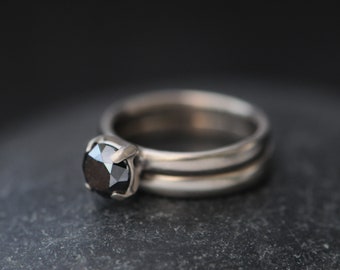 Black Diamond Wedding Set in 18K White Gold, Black Diamond Engagement Ring