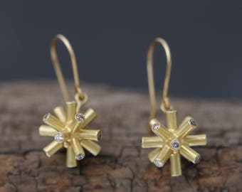 Champagne Diamond Drop Earrings 18K Gold, Gift For Her Spiky Gold Earrings