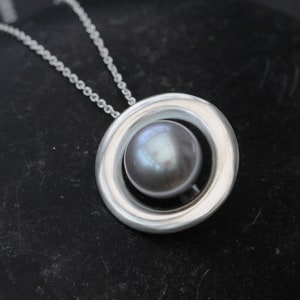 Silver Pearl Necklace Gift For Her, Tahitian Pearl Halo Pendant image 2