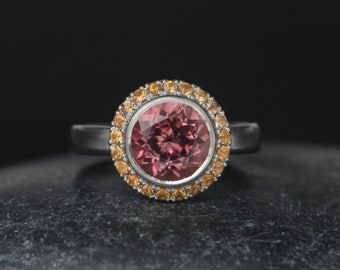 Pink Tourmaline Halo Ring in Platinum, Size 8.25 Pink Gem Engagement Ring Ready to Ship