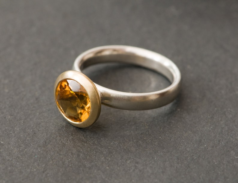 Citrine Halo Ring in 18K Gold and Silver, Yellow Gemstone Engagement Ring, Gift For Her image 3